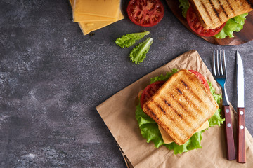 Traditional vegetarian sandwich with tomatoes and cheese on a gray stone background Copyspace