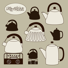 set an enameled coffee pots and small gas stove with same stencils, color illustration in brown colors on a gray background with the inscription Kettle