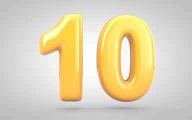 Yellow Bubble Gum number 10 isolated on white background. 3D rendered illustration. Best for anniversary, birthday party, new year celebration.