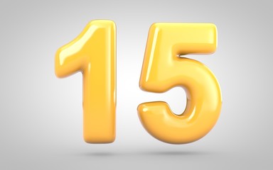 Yellow Bubble Gum number 15 isolated on white background. 3D rendered illustration. Best for anniversary, birthday party, new year celebration.