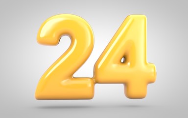 Yellow Bubble Gum number 24 isolated on white background. 3D rendered illustration. Best for anniversary, birthday party, new year celebration.