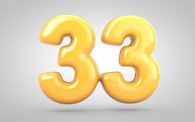 Yellow Bubble Gum number 33 isolated on white background. 3D rendered illustration. Best for anniversary, birthday party, new year celebration.
