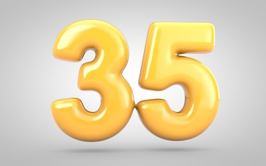 Yellow Bubble Gum number 35 isolated on white background. 3D rendered illustration. Best for anniversary, birthday party, new year celebration.
