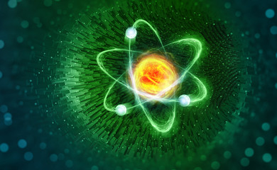 Nuclear physics. Scientific concept. Genious idea. Breakthrough research. 3D illustration of an atom on nanotechnology background - obrazy, fototapety, plakaty