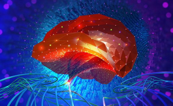 Brain. Cyber mind and Digital Neural Networks. Artificial intelligence in civilization of future. Fantastic 3D illustration