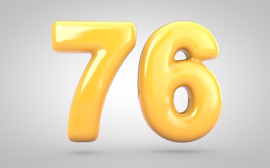 Yellow Bubble Gum number 76 isolated on white background. 3D rendered illustration. Best for anniversary, birthday party, new year celebration.