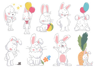 Set of funny cute collor bunny in in different pose isolated on white background. Rebbit standing, seated, lies with color balloon, carrot, butterfly, and flowers