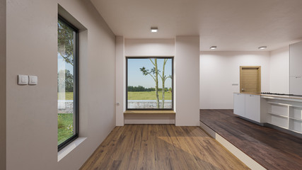 Empty Open Plan Kitchen Design in Natural Daylight 3D Rendering
