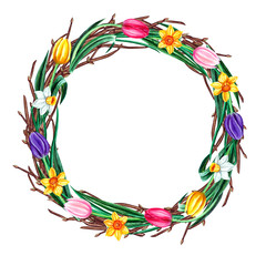 Obraz premium Watercolor spring easter wreath with flowers and branches. Isolated on white background.
