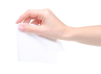 White napkin in hand on white background isolation