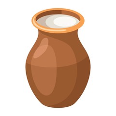 Ceramic jug full of milk Isolated on white background. Farm milk in clay pottery jar. Vector illustration