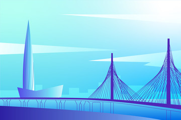 Modern Saint Petersburg cityscape illustration with Lahta skyscraper and Westen High-Speed Diameter / Современный Санкт-Петербург, небоскреб Лахта-центр, ЗСД