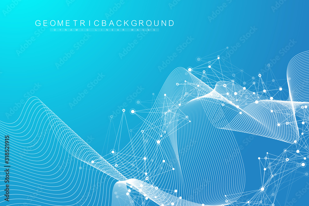 Poster Abstract dynamic motion lines and dots background with colorful particles. Digital streaming background, wave flow. Plexus stream background. Big Data technology, vector illustration