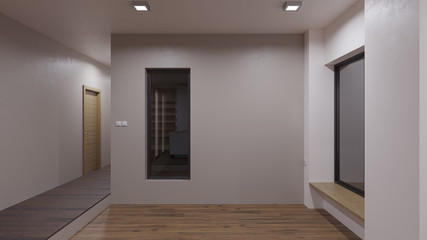 Illuminated Open Plan Floor Without Furniture at Night 3D Rendering