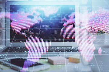 Multi exposure of business theme icons and work space with computer background. Concept of success.