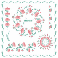Set of frames, wreaths, floral, elements from flowers. Colored on an isolated background.