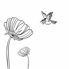 An active sparrow flies to large flowers. Sketch on a white background.