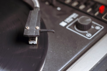 turntable for a vinyl record player.Audio equipment for a club party.Vintage turntables for a concert.Retro audio setting for disc jockey to play music in high quality.