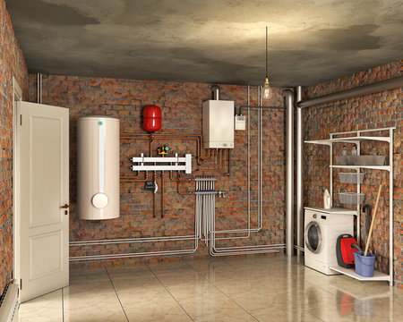 Boiler system and laundry in a basement interior, 3d illustration