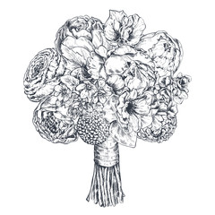 Floral composition. Bradal bouquet with beautiful hand drawn flowers, plants, ribbon. Monochrome vector illustration in sketch style