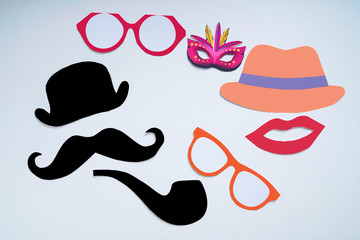 Concept of carnival festival, Hand made carnival mask, mustache  and hat