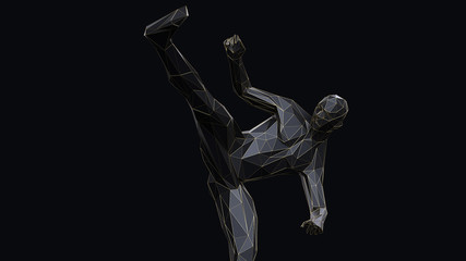 3d render minimalist low poly fighter with thin gold line on black background.