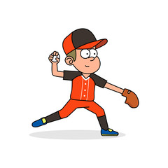 Baseball player throw ball, vector retro cartoon sport illustration