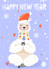 Merry Christmas and Happy New Year greeting card. Cute cartoon alpaca in yoga pose with Santa hat. Vector illustration for greeting cards, posters, invitation etc.