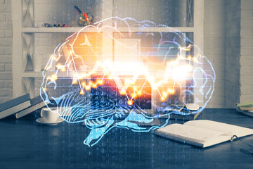 Double exposure of work table with computer and brain sketch hologram. Brainstorming concept.