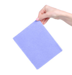 Blue rag cleaning in hand on white background isolation