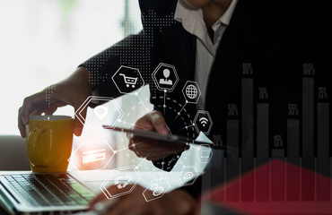 Business Hands Working On Online shopping and Internet Money Payment Transaction Technology.