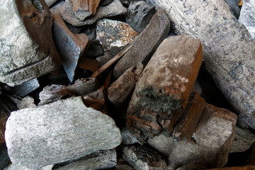 Charred wood residues after a fire, danger, forest fires.