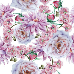 Bright seamless pattern with flowers. Rose. Peony. Orchid. Watercolor illustration. Hand drawn.