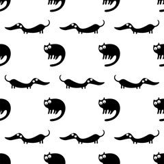  Seamless pattern with funny cats and dogs. Wallpaper and fabric 