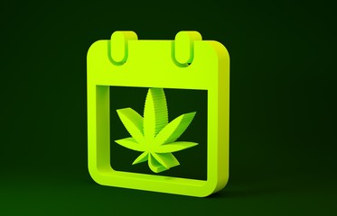 Yellow Calendar and marijuana or cannabis leaf icon isolated on green background. National weed day. Hemp symbol. Minimalism concept. 3d illustration 3D render