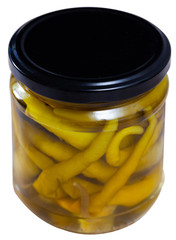 Glass jar with pickled green hot pepper