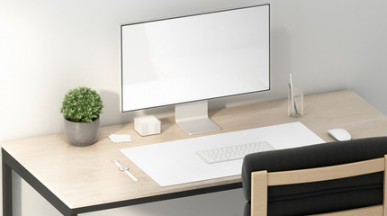 Blank white display and desk mat for mouse, keyboard mockup