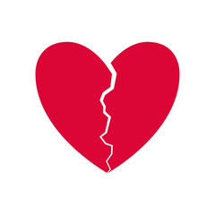 Red broken heart isolated on white background. Cracked heart concept.