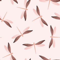Dragonfly modern seamless pattern. Spring clothes textile print with darning-needle insects. Close 