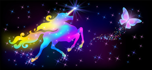 Iridescent unicorn with luxurious winding mane and butterfly against the background of the fantasy universe with sparkling stars © Marisha