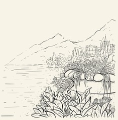 Italian landscape background with villas and cypresses. Como lake romantic sketch outline square illustration.