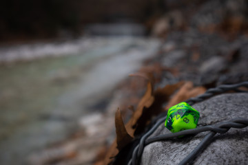 Closeup DnD green dice with autumn leaves 