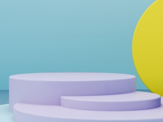 Minimal scene with podium and abstract background. Geometric shapes. Pastel colors scene. Minimal 3d rendering. Scene with geometrical forms and textured background for cosmetic product. 3d render. 