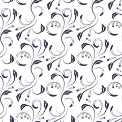 Black filigree floral pattern. Black and white seamless background