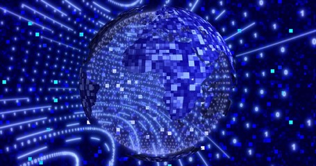 Neon Digital binary background with rotating Blue Planet earth. animation for network, digital event. 3D illustration