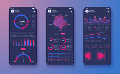 Mobile app infographic template with modern design weekly and annual statistics graphs, UI/UX, admin. Screens with data analysis and statistics. Scales, graph charts, and diagrams. Phone app templates