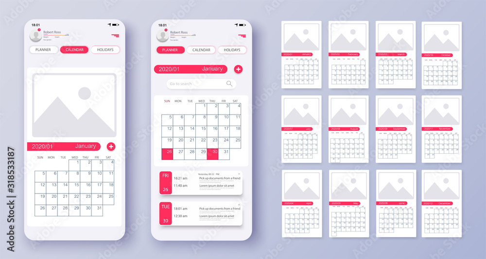 Leinwandbilder different ui, ux, gui screens calendar app and flat web icons for mobile apps. 2020 calendar, print 