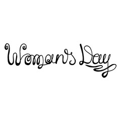 Minimalistic woman’s Day text design on white background. Vector illustration. Woman’s Day greeting calligraphy design. Template for a poster, cards, banner. Isolated black lettering