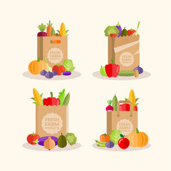 Set of paper bags with fruits and vegetables
