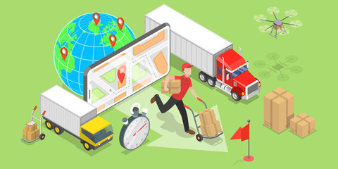 Isometric flat vector concept of smart logistics and transportation, mobile app for delivery tracking, cargo fast delivery.